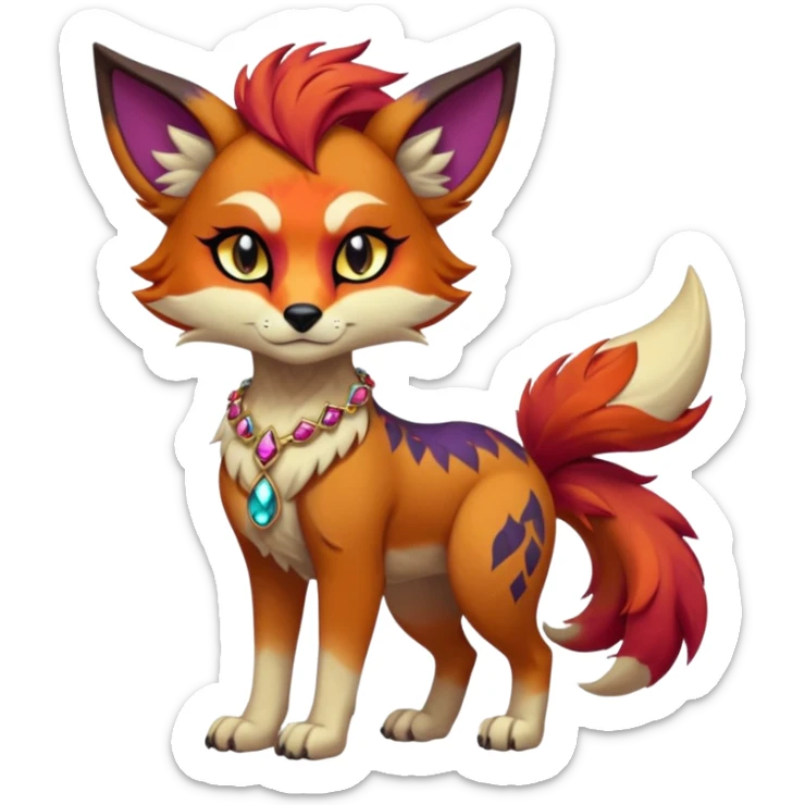 Multicolored gloomy dark edgy spooky hot warm badass realistic floral exotic Falvie-Fionbri-fursona, full body, wearing jewelries sticker