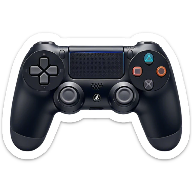 Clash of Clans aesthetic: Cinematic Playful PlayStation 4 DualShock Controller Portrait Emoji, rendered in a 3D vector-style similar to standard emojis with minimal shading and bold, simplified shapes. A compact, distinct form with signature details, softly glowing with a cutting-edge console technology charm. Simplified yet unmistakably iconic, highly detailed and consistent, glowing with a soft radiance and high shine. Stylized with a touch of technological advancement and a soft glowing outline, capturing the essence of a beloved gaming relic with a friendly, playful manner! sticker