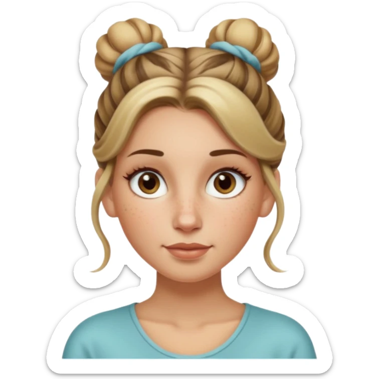 creative women with long dark Blond with highlights semi curly hair white women with hair in a top bun, oval shape face hazel eyes long lashes freckles on the nose high cheek bones sticker