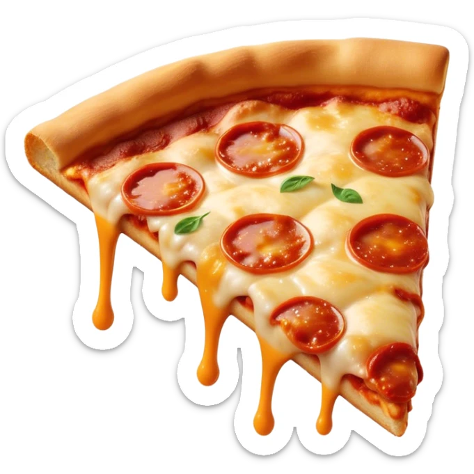 Cinematic cheesy pizza slice, gooey melted cheese stretching as a bite is taken, crispy golden crust, rich tomato sauce, vibrant toppings, warm glowing background, inviting and delicious. sticker