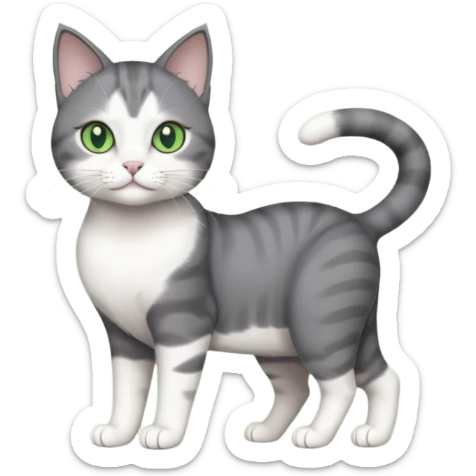 full body view of beautiful female solid dark grey cat with green eyes, white toes/paws and white patch on her chest sticker