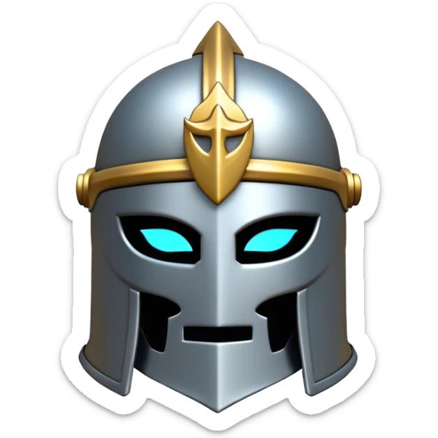 Clash of Clans aesthetic: Cinematic Playful 3D Isometric steel helm Emoji, rendered in a 3D vector-style similar to standard emojis with minimal shading and bold, simplified shapes. A compact, distinct form with signature details, softly glowing with a fantasy RPG magic charm. Simplified yet unmistakably iconic, highly detailed and consistent, glowing with a soft radiance and high shine. Stylized with a touch of heroic grandeur and a soft glowing outline, capturing the essence of a beloved gaming relic with a friendly, playful manner! sticker