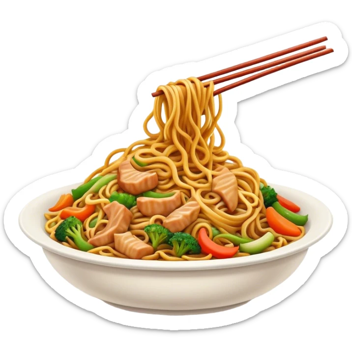 Cinematic Realistic Chow Mein Dish Emoji, showcasing stir‚Äêfried noodles with crisp vegetables and tender meat, rendered with lifelike detail and vibrant, dynamic lighting. sticker