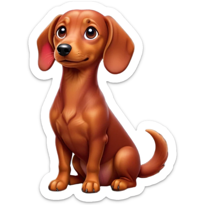 cinematic-[dachshund dog]-realistic-full-body-sitting-emoji,-tail-resting-loosely-beside-its-paws,-head-tilted-dramatically,-sleek-[red]-fur,-simplified-yet-realistic-focused-features,-highly-detailed,-glowing-with-an-almost-sarcastic-glow sticker