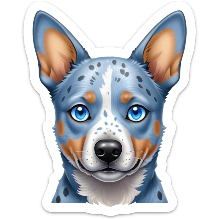 Cinematic Noble Blue Speckle Australian Cattle Dog Portrait Emoji, Poised and regal, with a robust, athletic build and a striking blue speckle Fur, piercing blue eyes, Simplified yet sharp and sophisticated features, highly detailed, glowing with a cool, dignified glow, high shine, intelligent and hardworking, stylized with an air of precision, focused and attentive, soft glowing outline, capturing the essence of a watchful and determined herder, so majestic it feels as though it could leap out of the screen with effortless authority! sticker