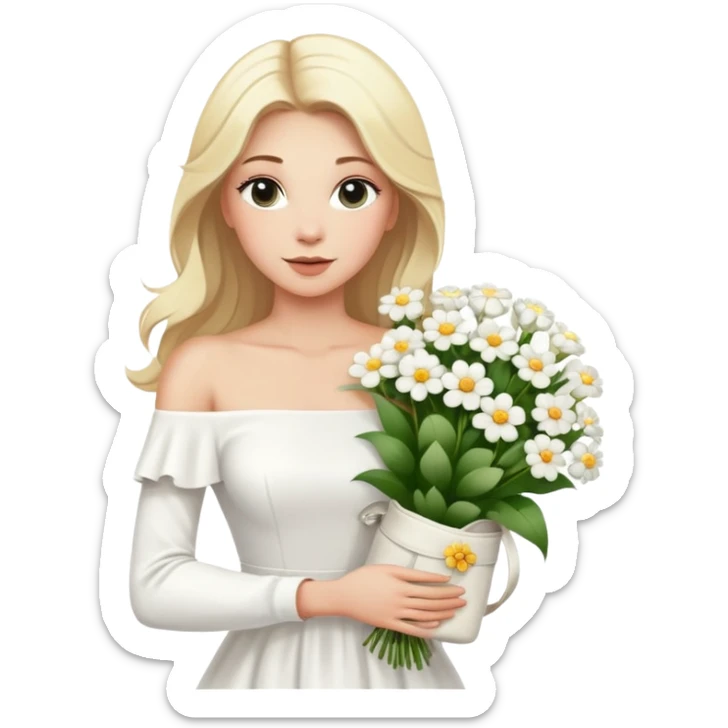 blonde woman in a white off-shoulder dress with long sleeves and a bouquet of white flowers in a white bag in her right hand sticker