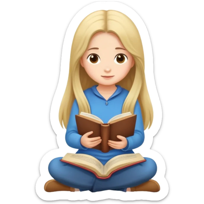 A cute girl with long hair sitting comfortably reading an open book sticker