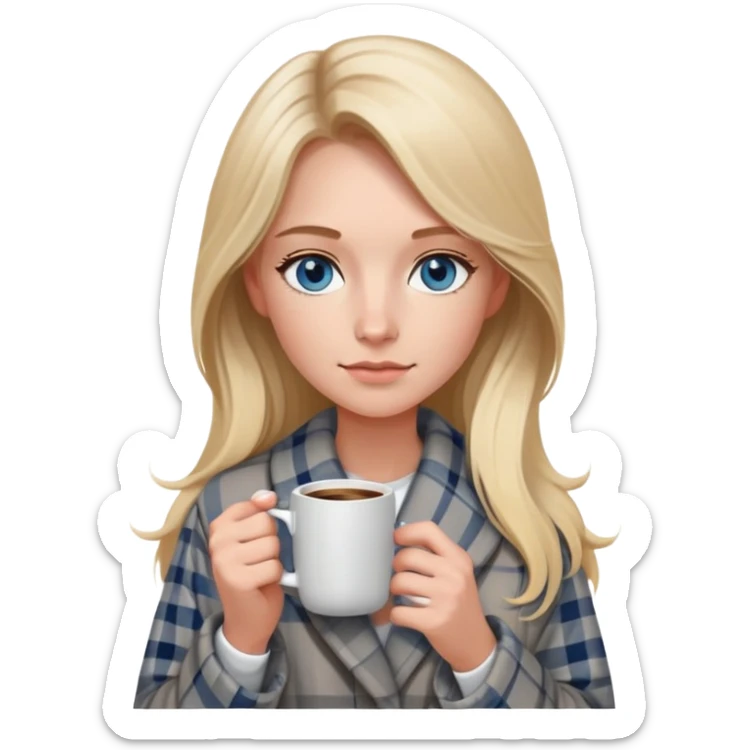 girl
blue eyes
long blond hair
wearing grey plaid housecoat
holding a white mug of coffee
wearing rose gold apple watch  sticker