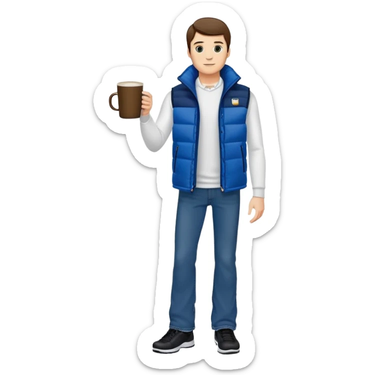 full body man with long sleeve white shirt with blue puffer winter vest with no pockets wearing straight long boot cut levi blue jeans with no cuffs and black tennis shoes holding a coffee mug in one hand in front of him and nothing in the other hand with his weight on one leg sticker