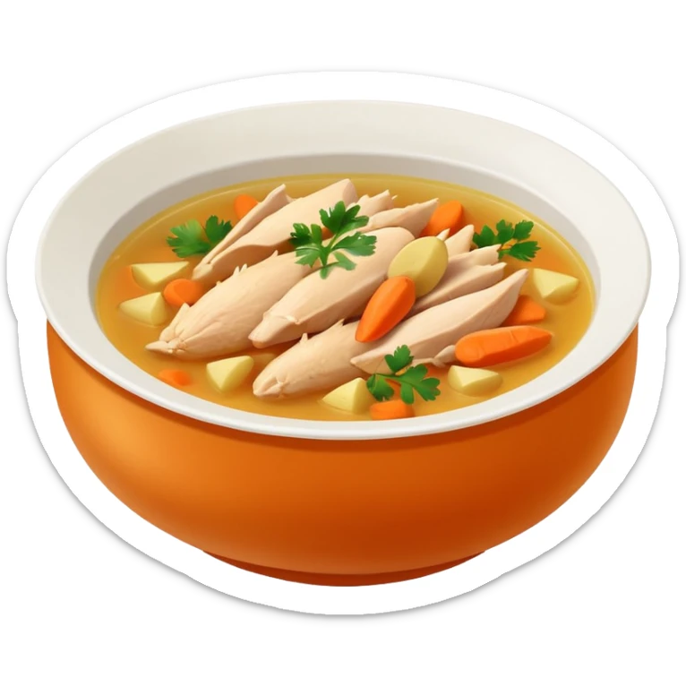 Mexican chicken broth (consomé de pollo): warm golden soup with shredded chicken, carrot, potato, and cilantro in a simple bowl sticker