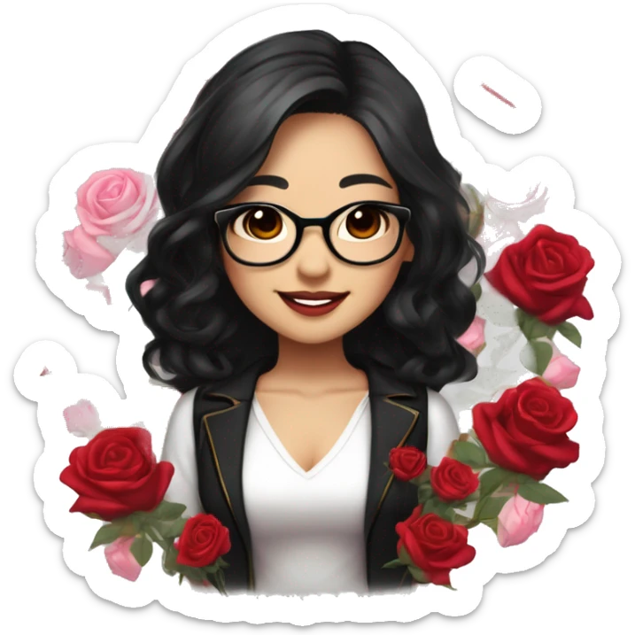 Asian girl, smiling with teeth and dimples on the cheeks, fair skin, black long hair, black eyes, black glasses with gold frames, red lipstick, wearing a white lace tank top and a black office jacket on top, with pink and red roses around her, chibi. sticker