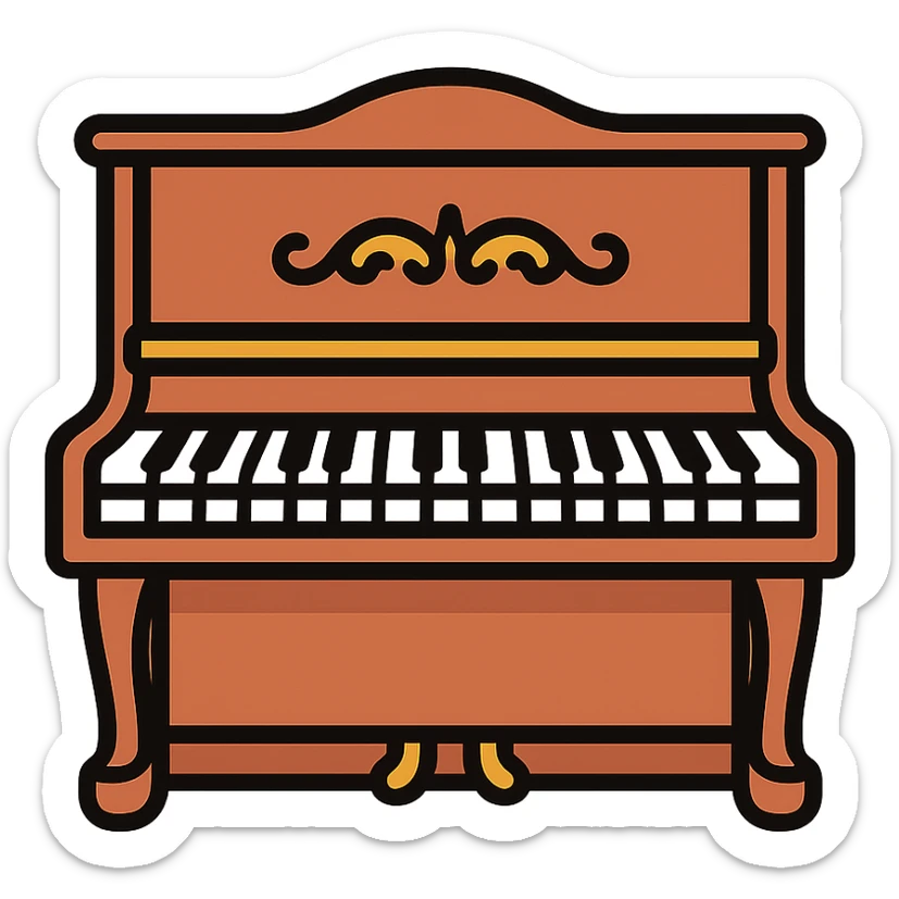 upright piano, vintage, ornate details, classical music vibe, elegant, refined sticker