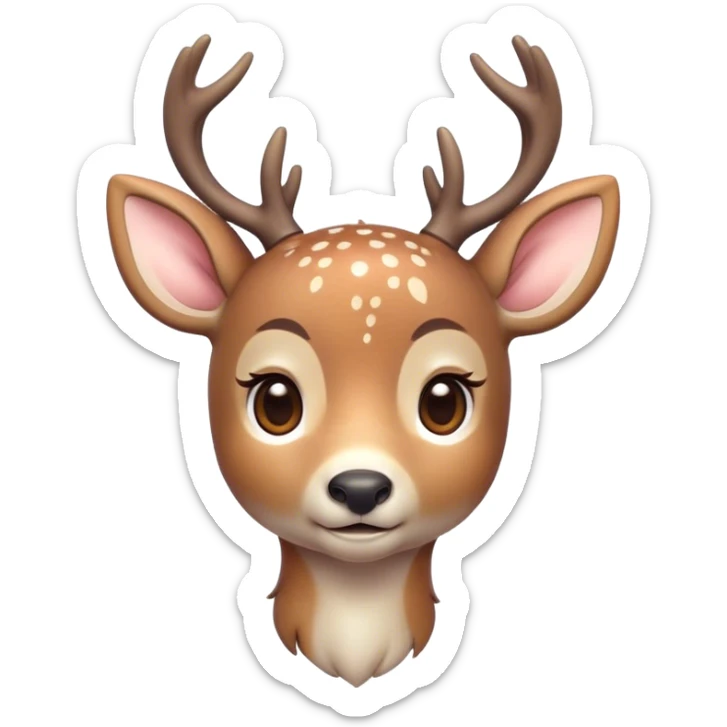 Cinematic Cute Deer Portrait Emoji, Head tilted playfully and inquisitively, showcasing a delicate coat speckled with subtle white spots and gentle earth tones, round, sparkling eyes filled with curious wonder, Simplified yet irresistibly adorable features, highly detailed, glowing with a warm, friendly glow, high shine, affectionate and graceful, stylized with a touch of woodland whimsy, bright and endearing, soft glowing outline, capturing the essence of a mischievous yet loving fawn, so playful it feels like it could skip out of the screen into your arms! sticker