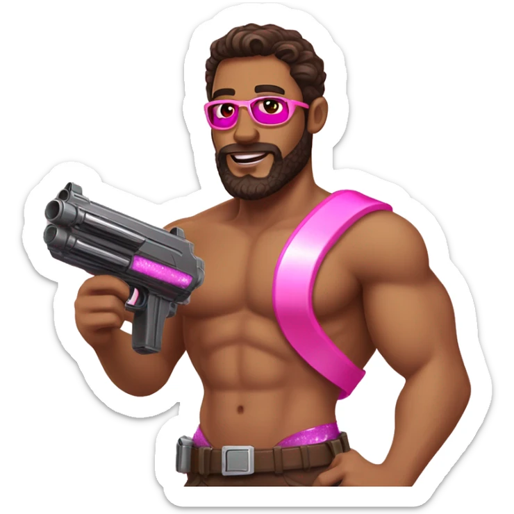 Tan man with dark brown hair, brown eyes, and a beard, holding a sparkly pink nerf gun wearing a bikini sticker
