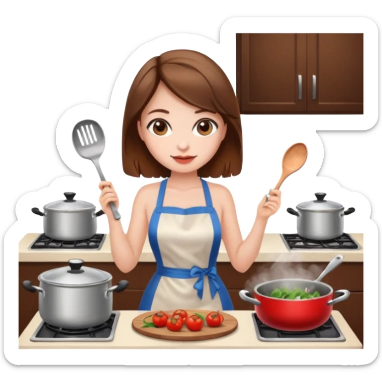 Showing from back Girl white skin, brown hair wearing mini dress sexy cooking dinner in kitchens  sticker