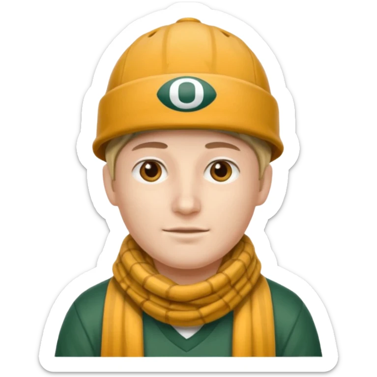 one person with two heads: with one head wearing a loggers hat and the other a football scarf sticker