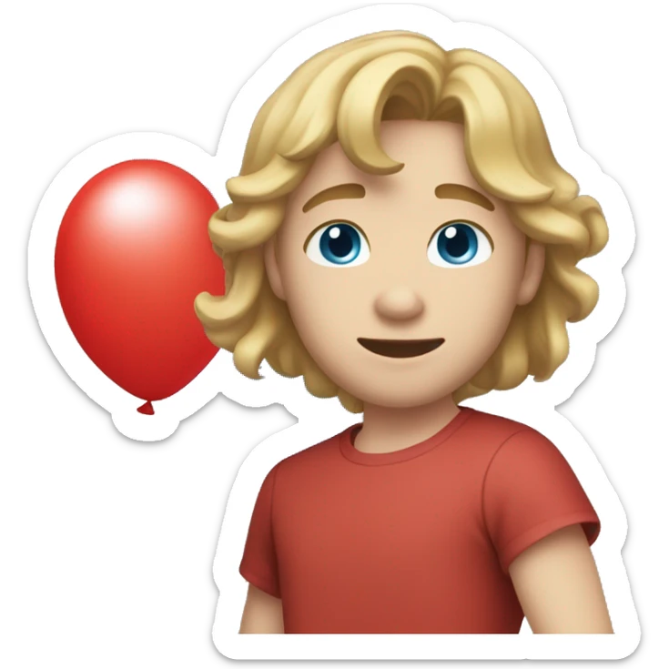 Blonde teen boy with medium light brown hair, blue eyes, red top and holding a ballon sticker