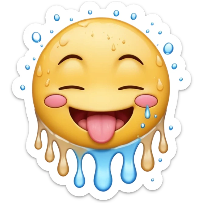 Smiley face emoji, closed eyes, tongue out, tongue dripping water, white splatters sticker