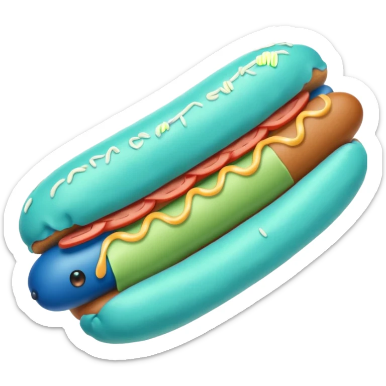 a blue colored hotdog bun with a minty colored hotdog in the middle of it sticker