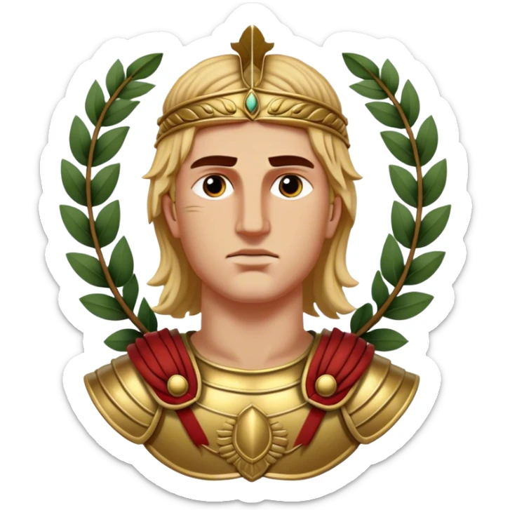 Cinematic Realistic portrait of Alexander the Great, depicted with photorealistic detail as a commanding historical conqueror, featuring sharp, lifelike facial features, meticulously rendered ancient Macedonian armor, and a laurel wreath, illuminated by natural, dramatic lighting that highlights his youthful determination and legendary presence. sticker