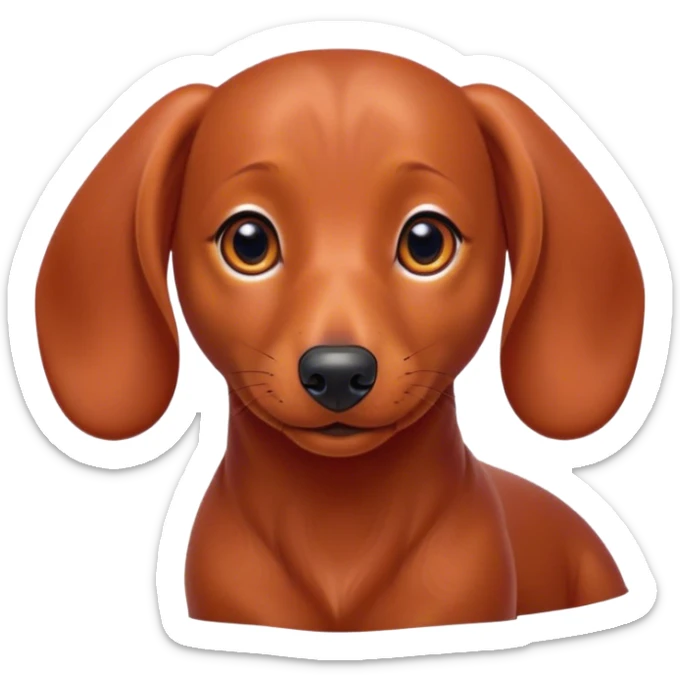 Cinematic Cute Red Dachshund Portrait Emoji, Head tilted playfully and inquisitively, featuring a glossy red coat with a sleek sheen, round, sparkling brown eyes filled with curiosity, Simplified yet irresistibly adorable features, highly detailed, glowing with a warm, friendly glow, high shine, affectionate and spirited, stylized with a touch of whimsy, bright and endearing, soft glowing outline, capturing the essence of a mischievous yet loving pup, so playful it feels like it could dash out of the screen and into your arms! sticker