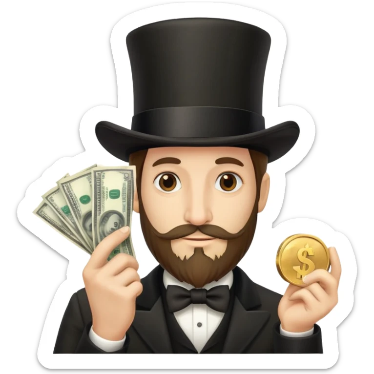 Stereotypical Jew with super long nose,medium hair, and top hat,beard with no mustache holding money sticker