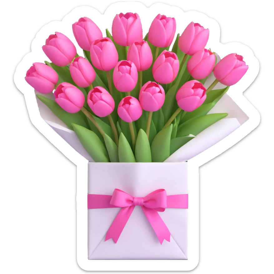A bouquet of pink tulips in a white paper bag tied with a pink ribbon, in 3D iOS style, pastel colors, soft shadows, clean and minimalistic design. sticker