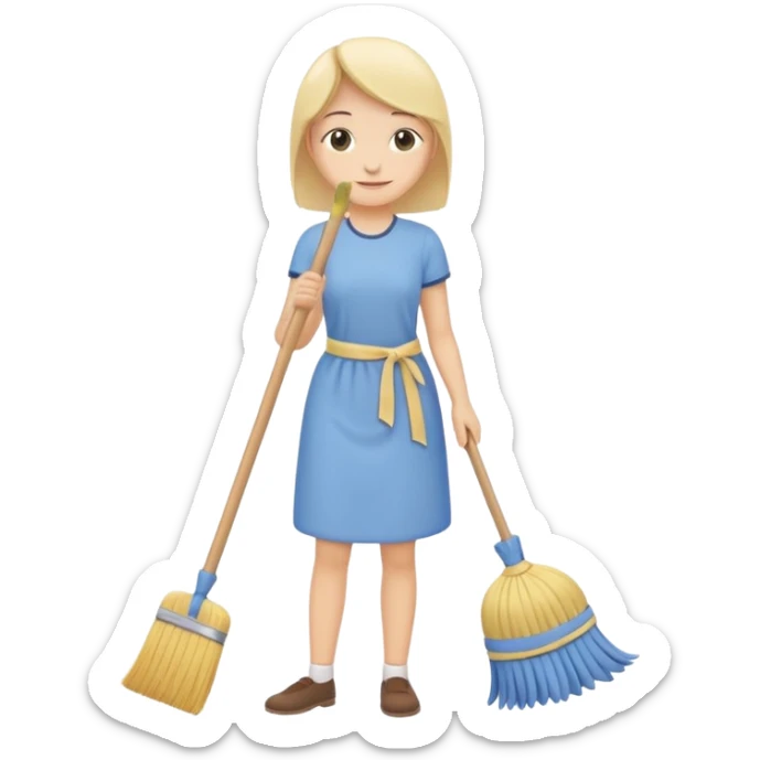 simplified human character calmly cleaning the room, holding a broom or cloth, relaxed smile, peaceful everyday routine, flat custom emoji sticker, soft pastel colors, rounded shapes, minimal details, thick outline, white background, no text sticker