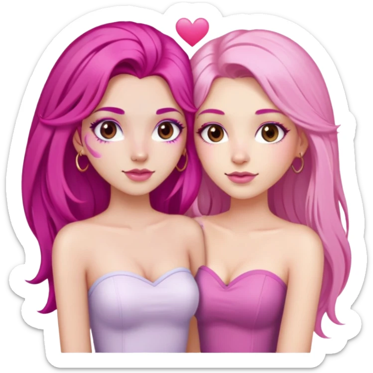 gorgeous pale girl with long magenta pink hair latina makeup next to a gorgeous girl with blonde hair brown eyes and a light pink heart above them both wearing tube tops sticker