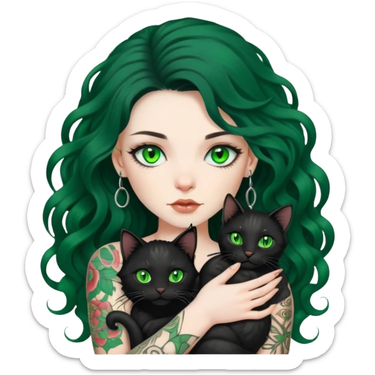 girl with long black Loose curls hair and tattoos and a green eyes cat sticker