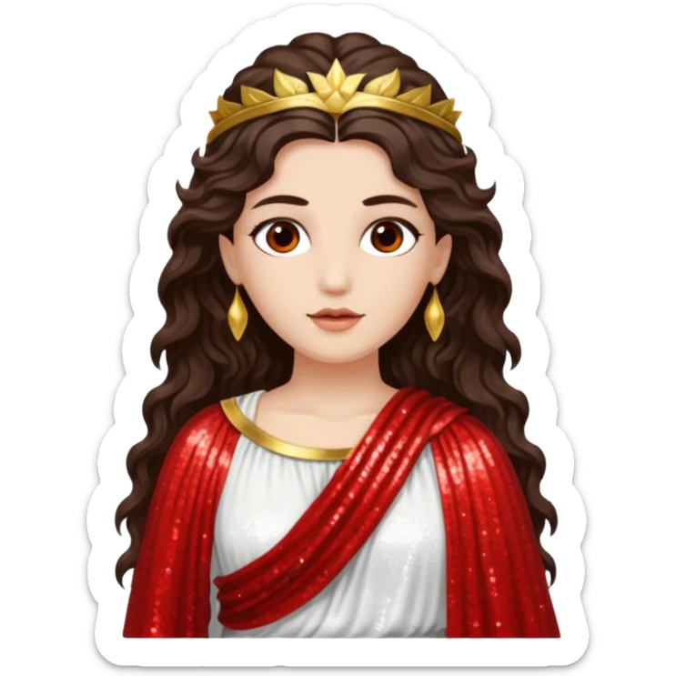 Libertas, Goddess of Freedom from Roman Deities with long dark brown wavy hair, white and red sequin toga sticker