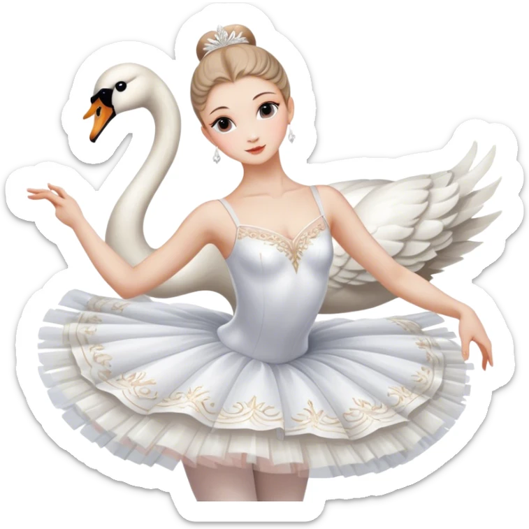 Icon for Ballet: a scene from Swan Lake, with a ballerina in a white tutu performing an elegant pose, surrounded by dramatic stage lighting and swan motifs. The icon should evoke the grandeur of the Bolshoi Theater stage. Transparent background. sticker
