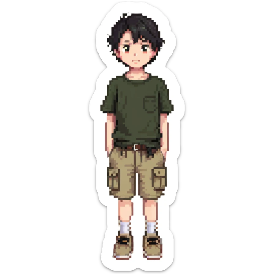 boy wearing an olive-green shirt over a brown T-shirt with beige cargo shorts sticker