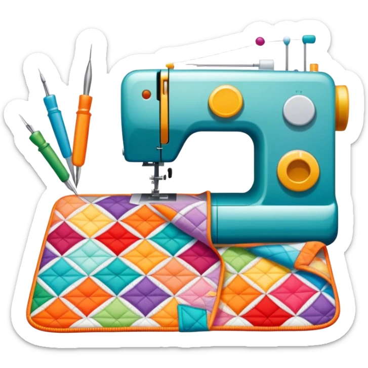 Patchwork and quilting icon, colorful fabric patches sewn together in a quilt pattern, sewing needle and thread, quilting tools like rotary cutter and quilting hoop, minimalistic style, clean lines, transparent background. sticker