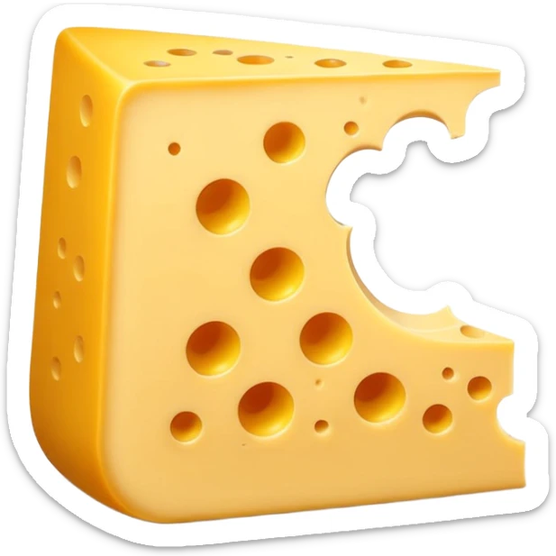 A 3D cartoon wedge of yellow cheese with round holes, bright tone, soft shadow, Memoji-style. sticker
