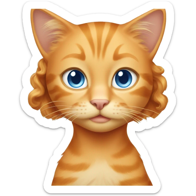 Orange cat with a girl with blond curly hair and blue eyes eyes sticker