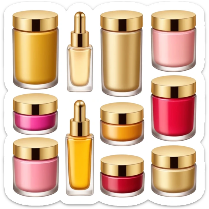 PVarios rodutos de beleza com tampa dos potes dourados e fundo transparente pra usar como figurinha sticker