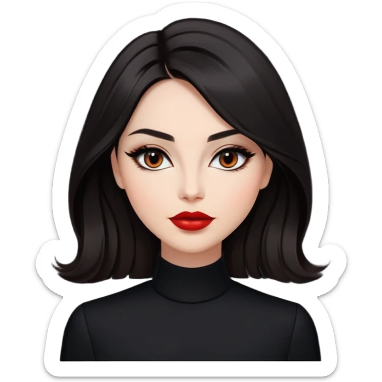Respected actress with fair glowing skin, voluminous dark straight hair with slight waves at ends, almond eyes with refined eyeliner, defined features, red lips, black elegant outfit, poised professional expression sticker