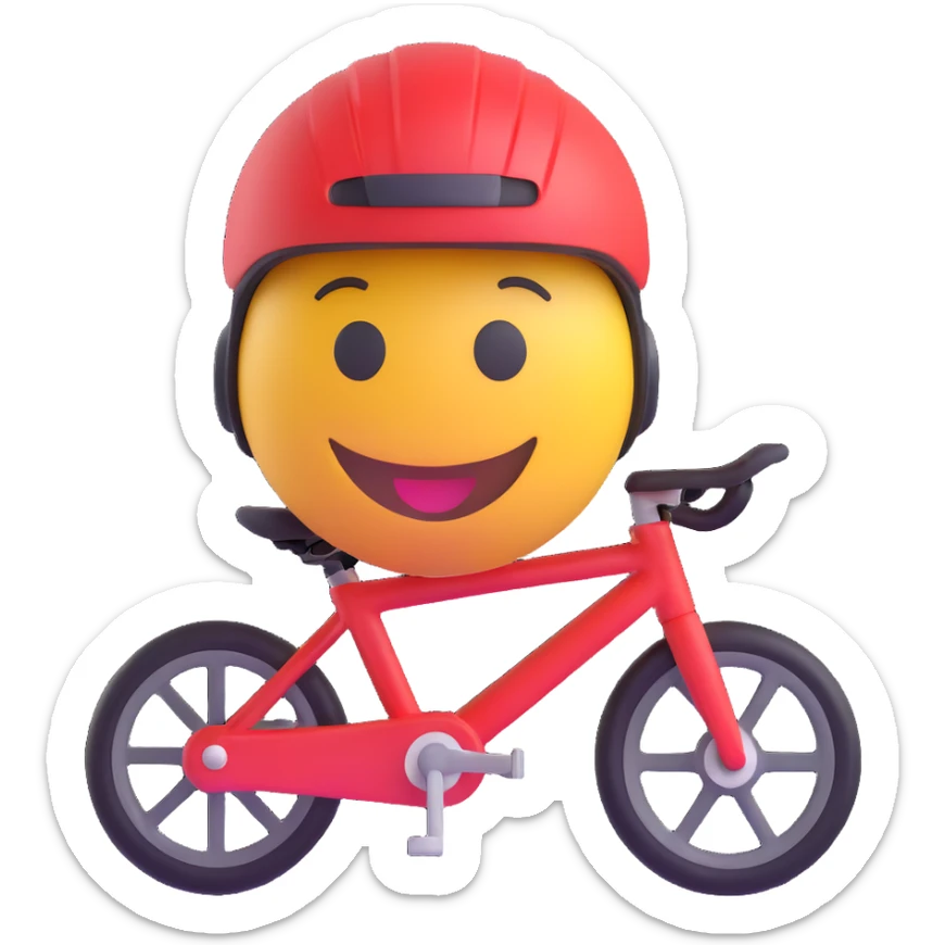 3D smiley emoji, round shape, wearing cycling helmet, sporty face sticker