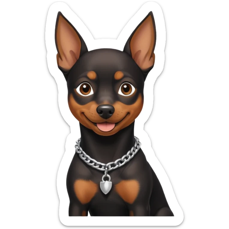 a pinscher dog black and brown sitting and smiling with a silver chain in the neck sticker