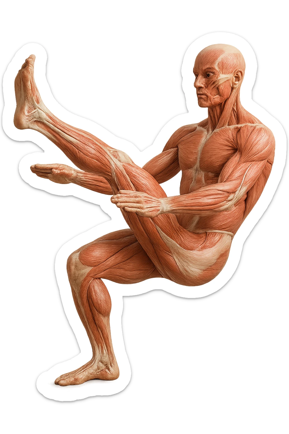 CORPO UMANO ANATOMICO REALISTICO CHE FA UN ESERCIZIO DI MOBILITà ARTICOLARE ALLE GAMBE, IPERREALISTICO 4K sticker