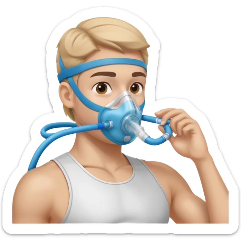 Athlete wearing VO2 max testing mask covering nose and mouth, with tubing connected to measurement equipment sticker