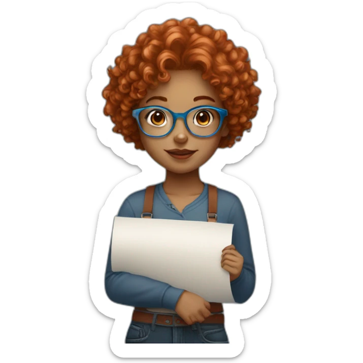 pretty girl with curly copper hair and blue glasses holding a big banner sticker