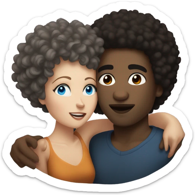 Black man with short Afro, kissing a brunette white woman with blue eyes sticker