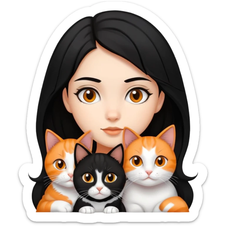 teenage girl with black hair with brown highlights with two cats that are tri-colored (black, orange, and white) sticker