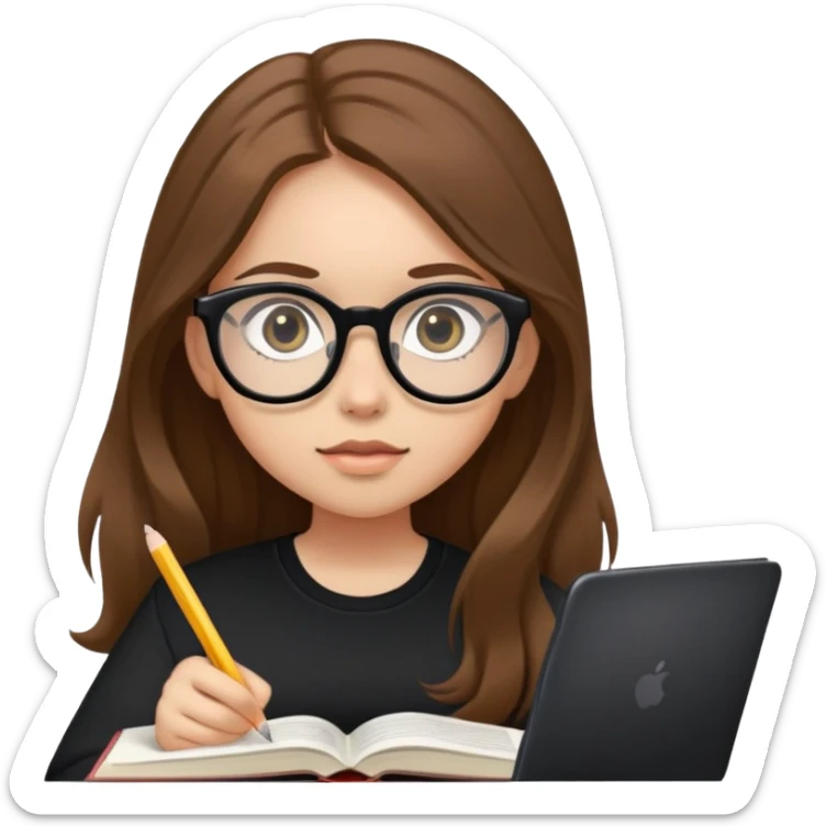 A girl with long brown hair, light skin and big eyes, also wearing a black shirt and glasses is studying sticker