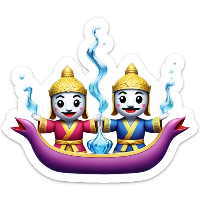 Cinematic Realistic Water Puppetry Emoji, depicted as a whimsical scene of traditional water puppets performing on a reflective water stage, rendered with vivid textures and dynamic playful lighting that captures its enchanting charm. sticker