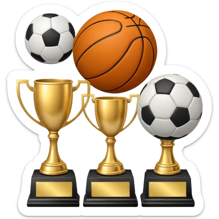a basketball, soccer ball, volleyball, and a football all mixed with a trophy sticker