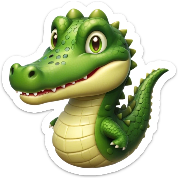 Cinematic Realistic Cute Crocodile Portrait Emoji, Head tilted playfully and inquisitively, featuring a robust, well-defined build with intricately detailed, glossy olive-green scales and a surprisingly endearing face with round, sparkling eyes full of unexpected charm, rendered with lifelike texture and natural highlights, high shine, affectionate and spirited, styled with a touch of wild whimsy, soft glowing outline, capturing the essence of a mischievous yet lovable crocodile that seems poised to snap playfully out of the screen into your arms! sticker