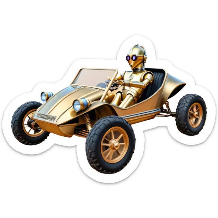 American southWest tarnished neon underglow C-3PO bounty hunter 1964 delicately ornate rosegold wood accents painted dune buggy buckboard powered by electric motors and batteries with racing safety belts while flying rapidly roughening terrain stable on strong agile advanced suspension and steering sticker